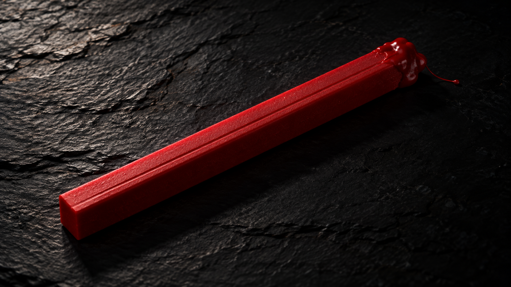 One signal-red sealing-wax stick lying diagonally on riven slate