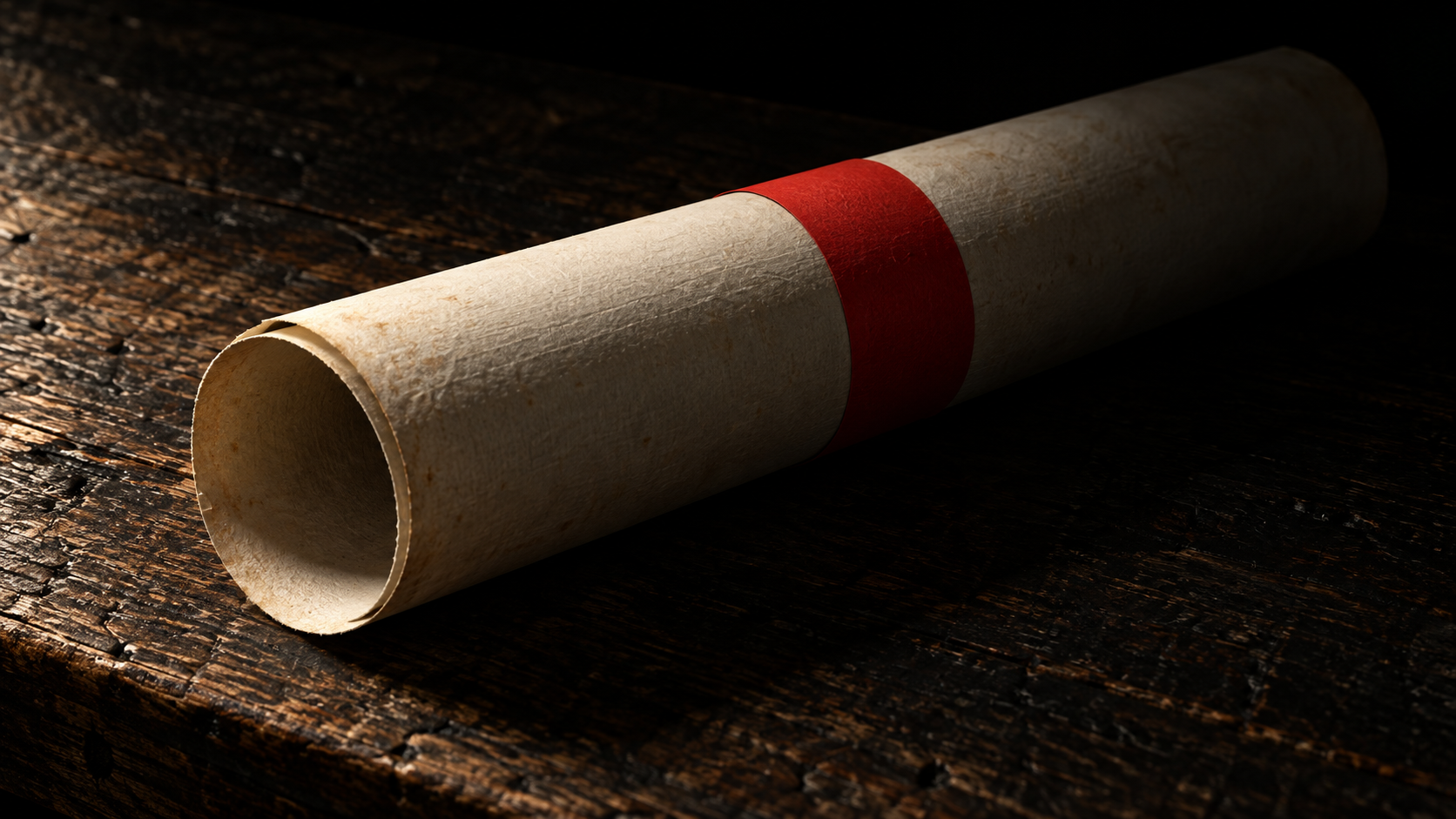 A loose roll of off-white paper on a scarred bench, one red band around its middle