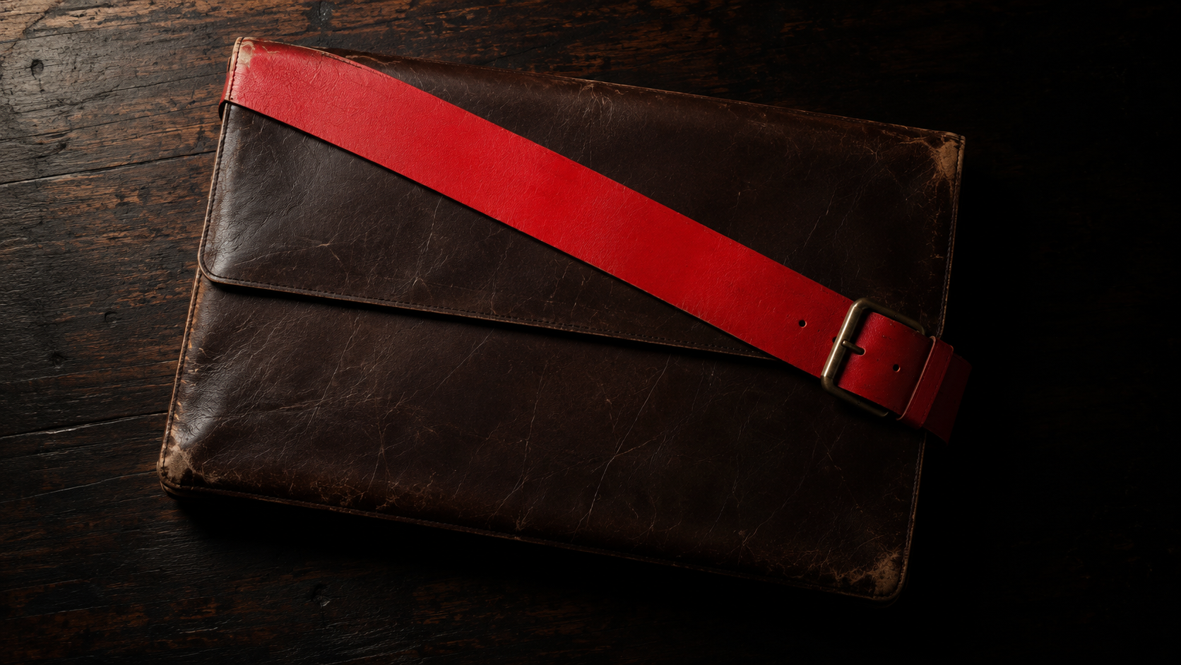 A worn brown leather document wallet on a dark desk, one red strap across it