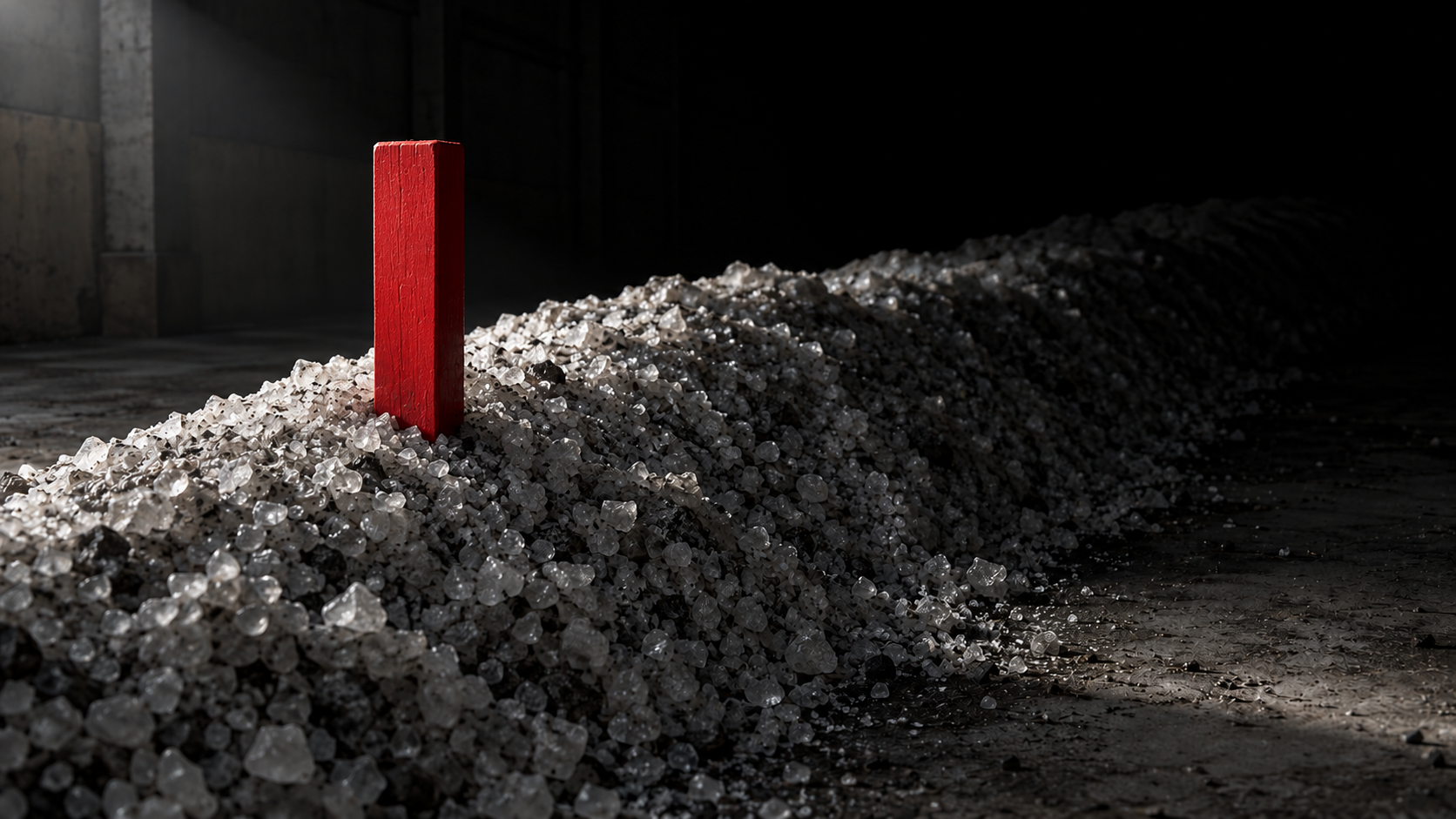 A long ridge of coarse grey rock salt in a dark warehouse, one red stake at its front
