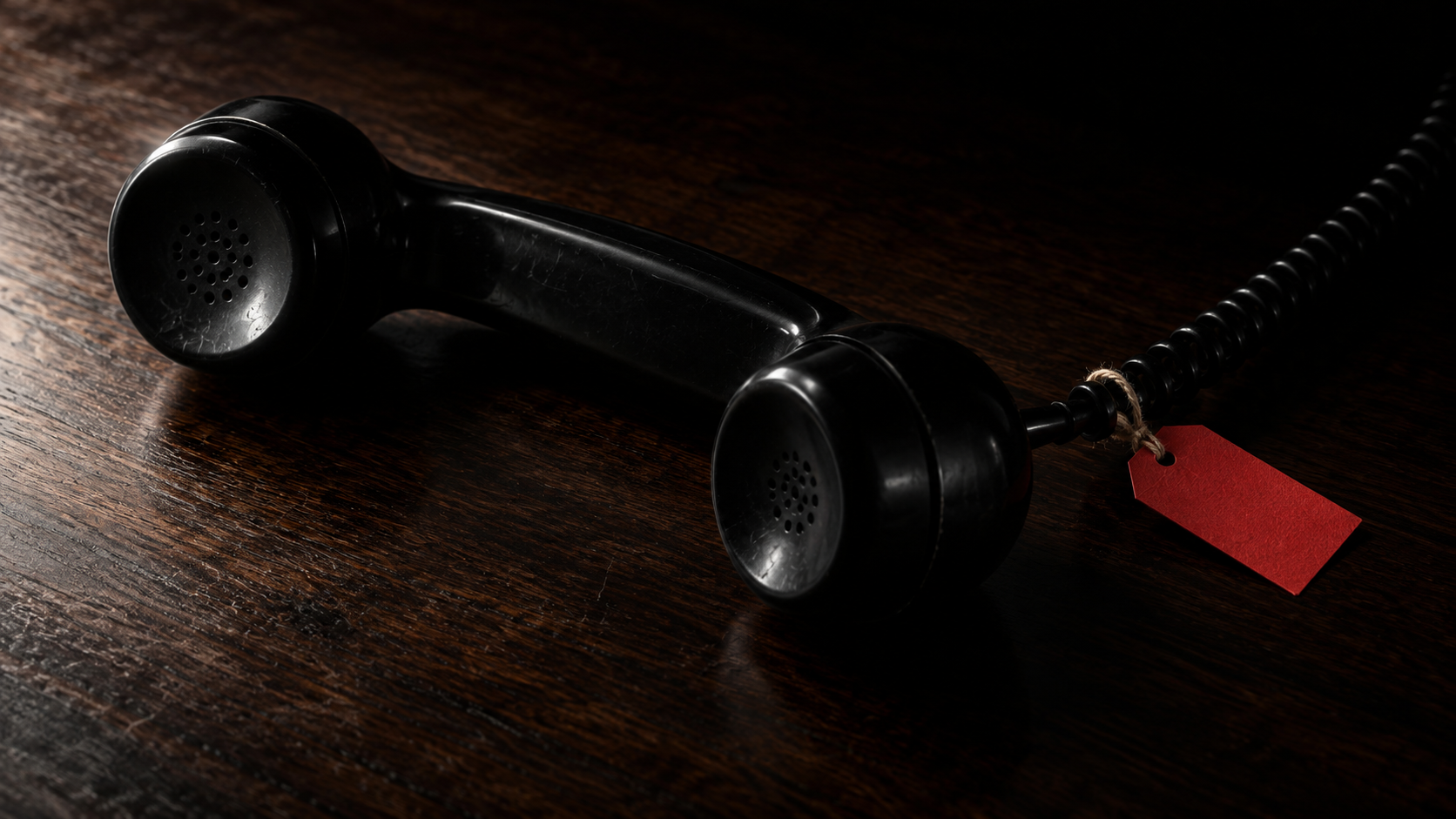 A black telephone handset alone on a dark wooden desk, a small red tag tied to its coiled cord.