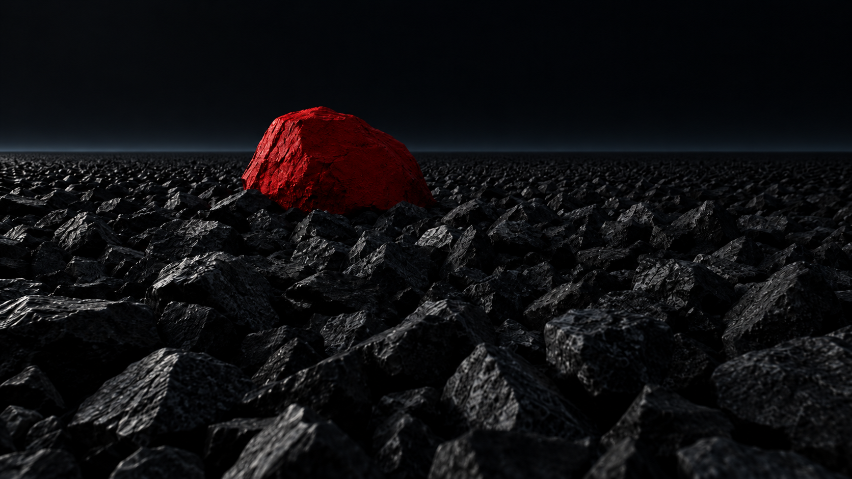 A dark field of grey railway stones at dusk with one red-painted boulder in the middle distance.