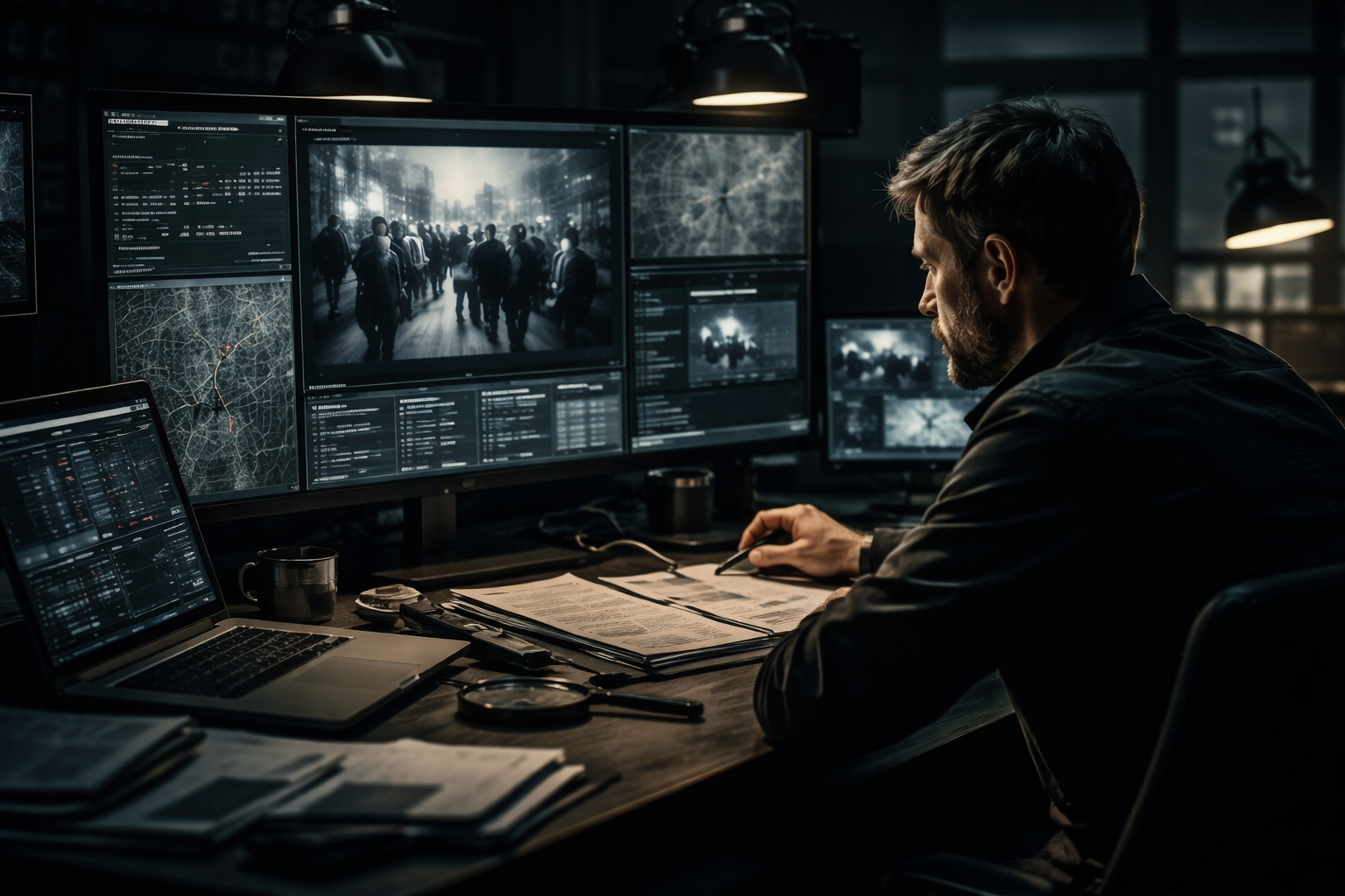 A noir-style intelligence analyst working late at a desk surrounded by multiple monitors, reviewing visual data and reports in a dimly lit analysis room.