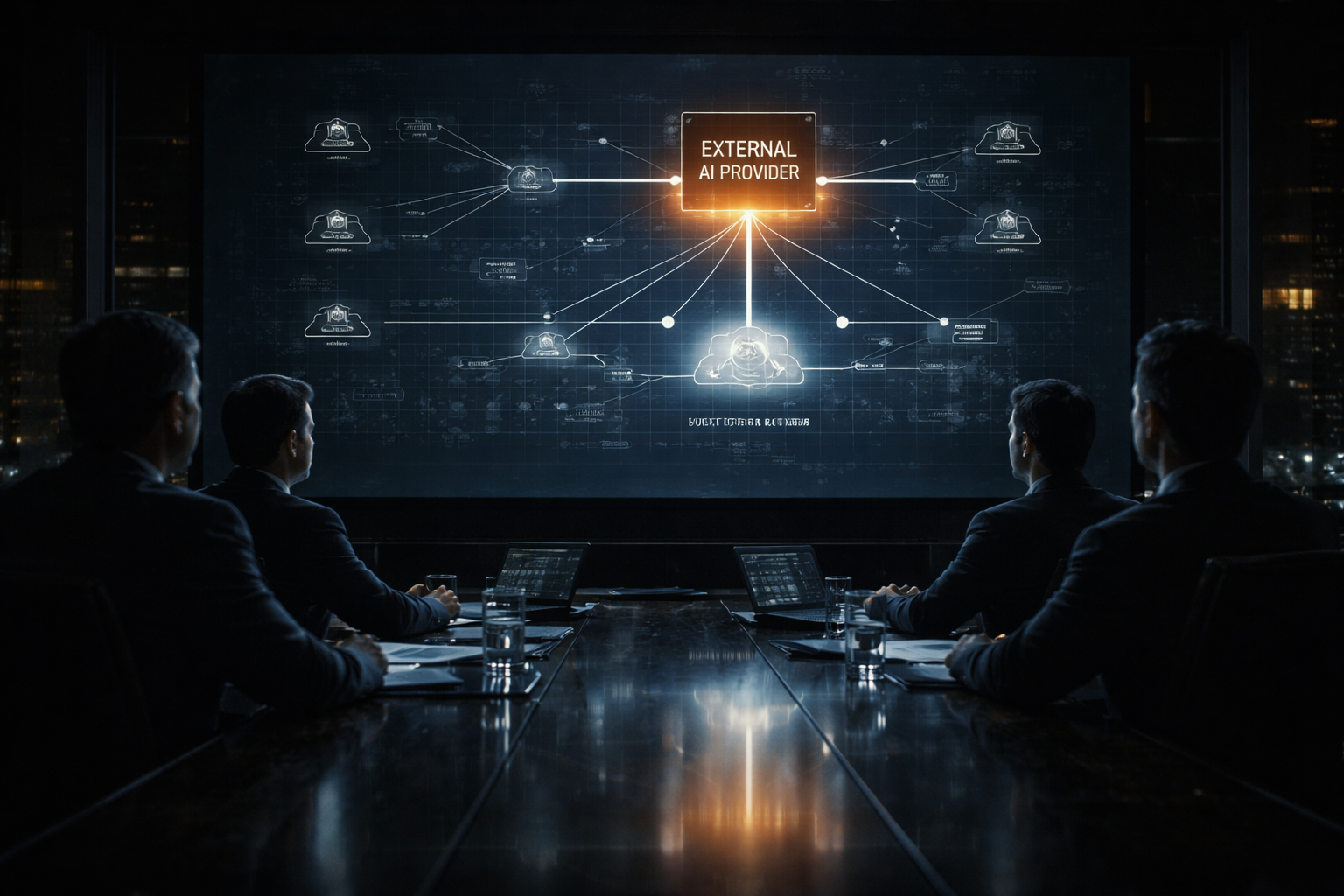A noir-style analyst in a dark operations room reviewing multiple screens and reports, evoking AI dependency, strategic vulnerability, and high-stakes decision-making.