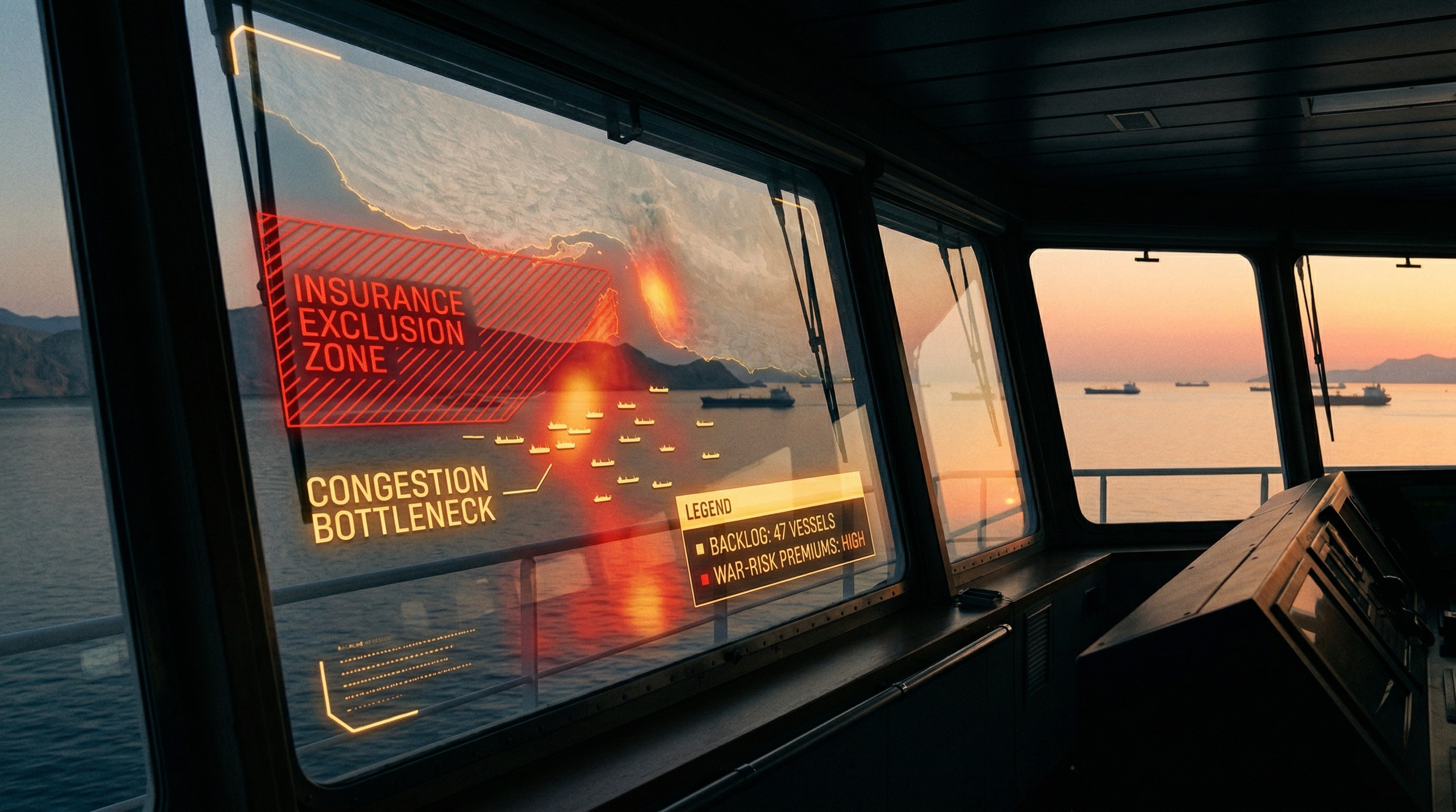 Strait of Hormuz viewed from a ship bridge with digital overlays highlighting an insurance exclusion zone, vessel congestion bottleneck, and elevated war-risk premiums