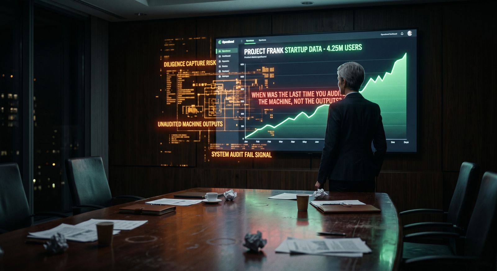 Boardroom dashboard showing strong startup growth metrics while hidden system anomalies and unaudited data layers reveal underlying inconsistencies