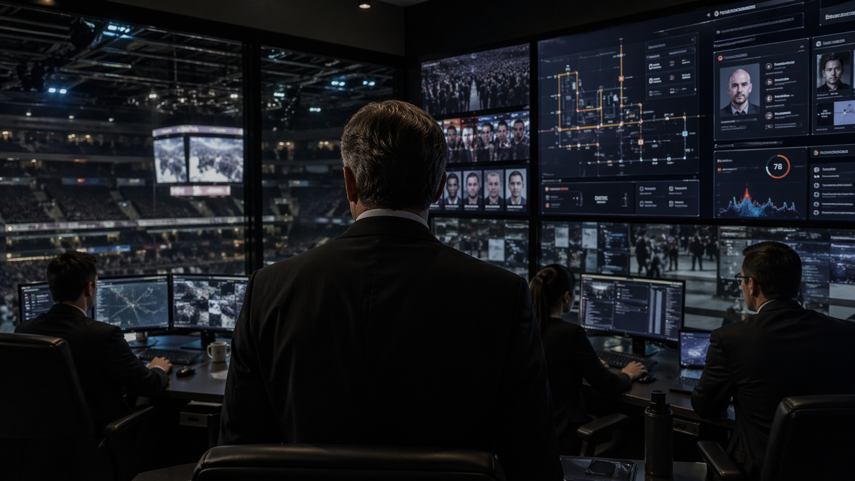 Security command center overlooking a live arena event, with identity monitoring, movement tracking, and risk-scoring dashboards displayed for executive protection.