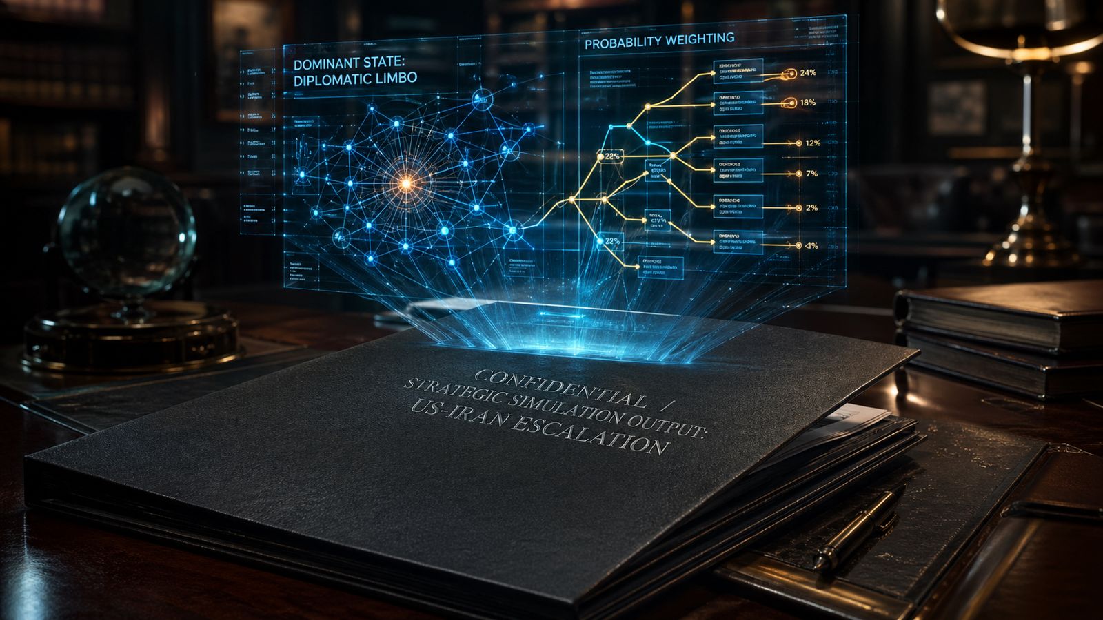 A dark premium intelligence folder on a mahogany desk, embossed with CONFIDENTIAL / STRATEGIC SIMULATION OUTPUT: US-IRAN ESCALATION. A glowing cyan and amber holographic data projection rises from the open folder, displaying probability networks, decision nodes, and the text DOMINANT STATE: DIPLOMATIC LIMBO and PROBABILITY WEIGHTING.