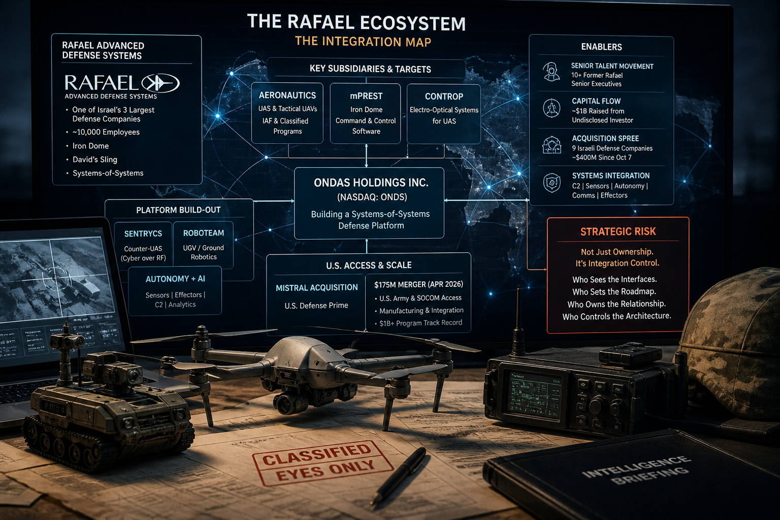 Defense intelligence dashboard showing Rafael-linked systems, drones, sensors, command-and-control software, capital flows, and platform integration risks.