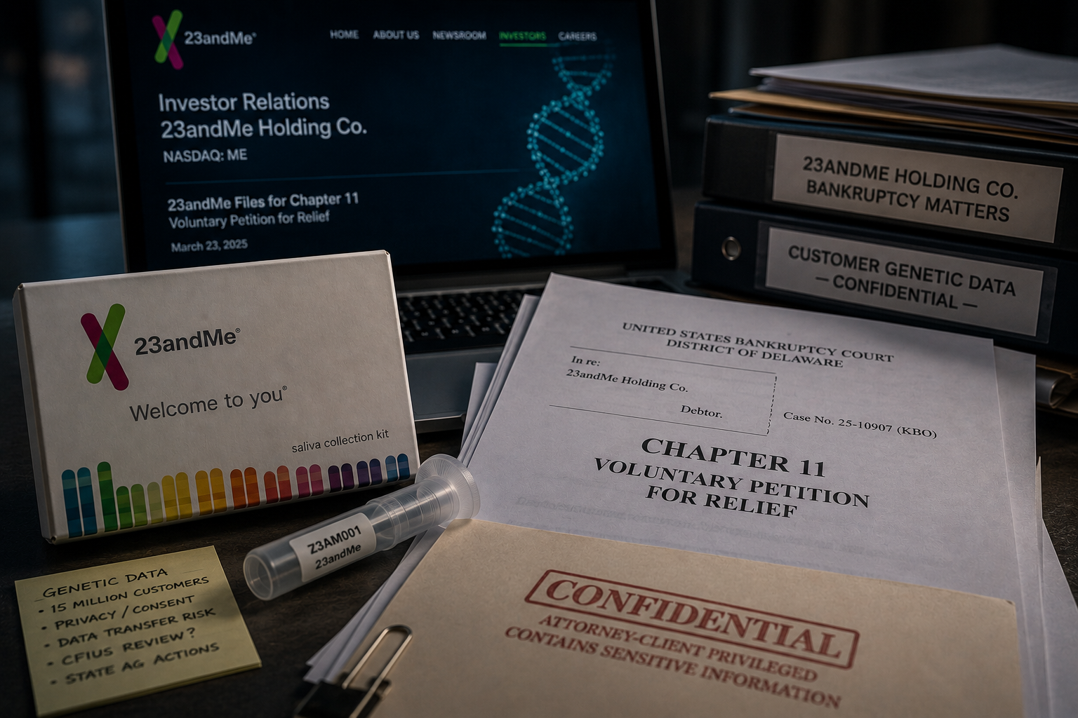 23andMe DNA collection kit, saliva tube, Chapter 11 bankruptcy filing, and confidential genetic data folders on a legal review desk.