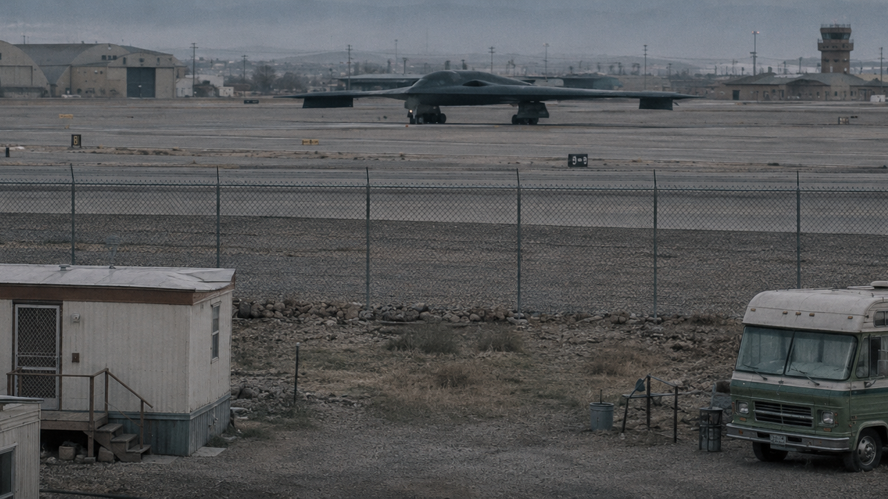 An RV park on the chain-link fence line of a strategic bomber base, with a flying-wing stealth bomber parked on the apron beyond.