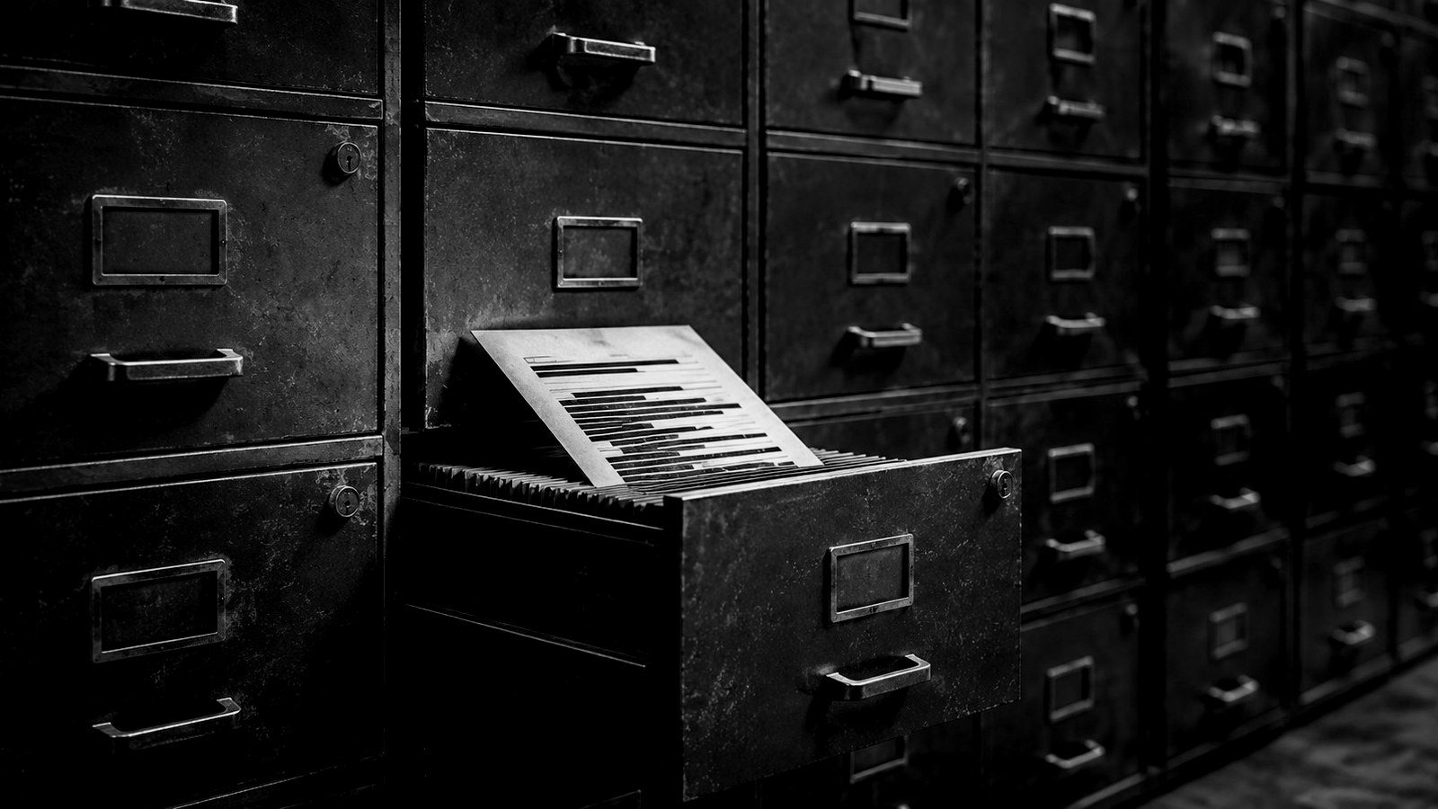  Rows of European corporate-registry filing cabinets, one drawer open with a redacted document.