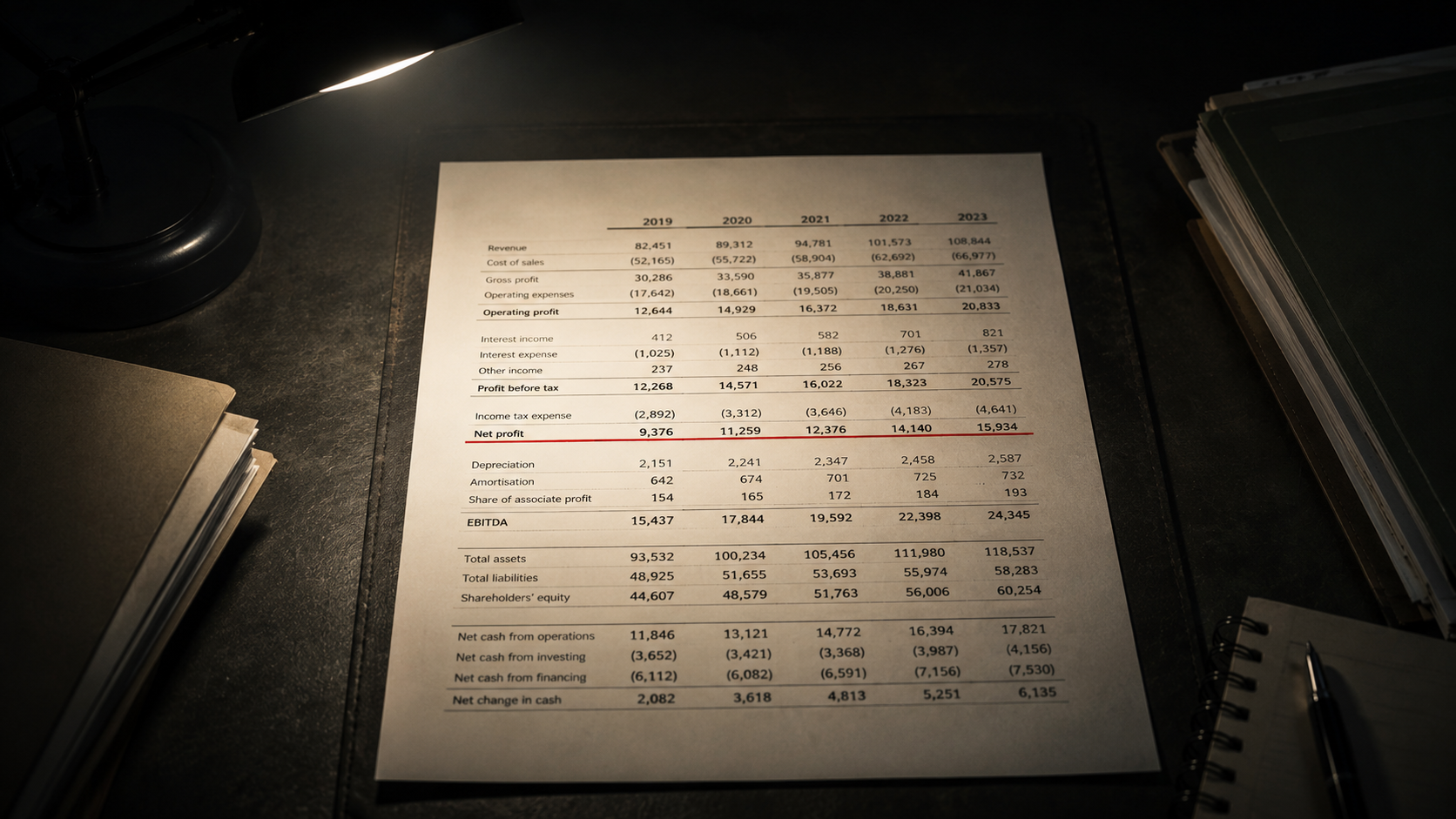 A printed multi-year financial statement under a lamp with a red analyst's annotation line.