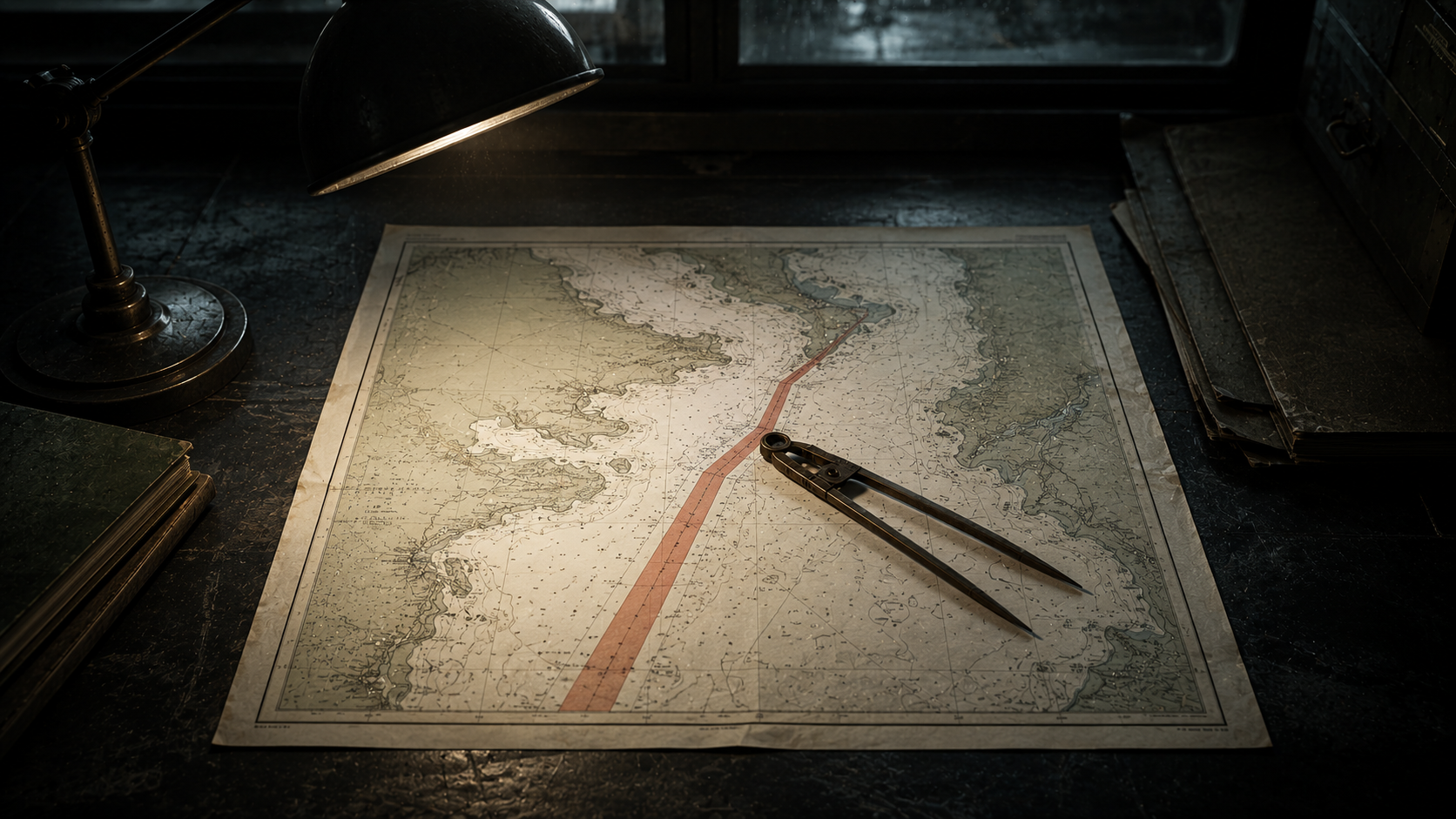 A naval chart of a strait on a desk under a low lamp, with a pair of dividers resting across a marked shipping lane.