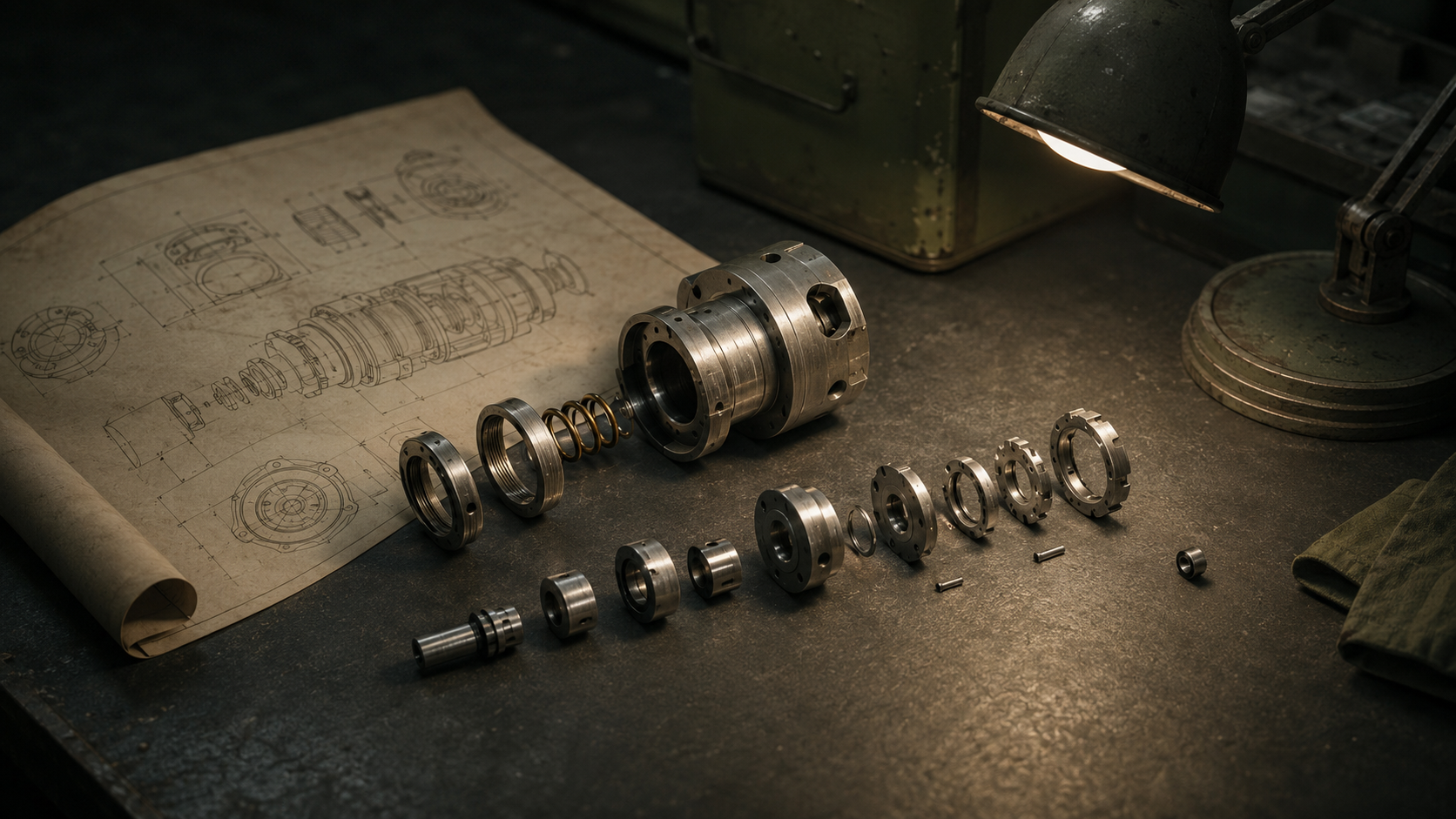 A machined metal component exploded into its sub-parts on a dark desk beside an engineering parts diagram, with one small part set slightly apart from the group.