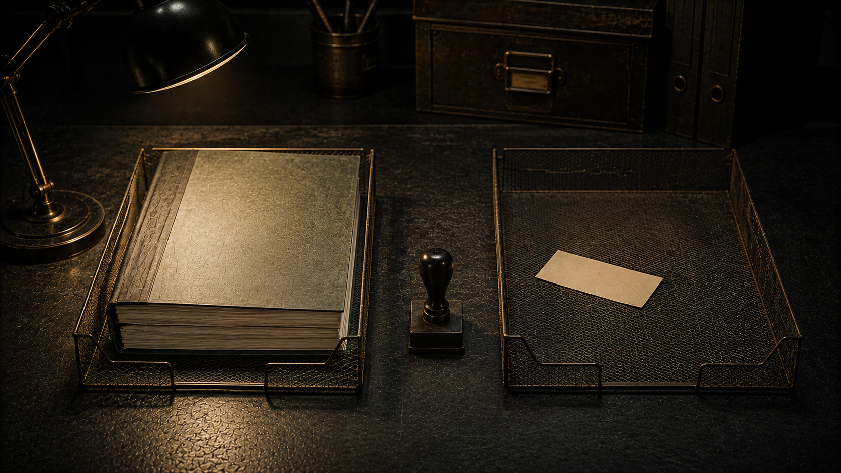 Two document trays on a desk under a lamp, one holding a thick bound set of accounts and the other empty apart from a single slip.