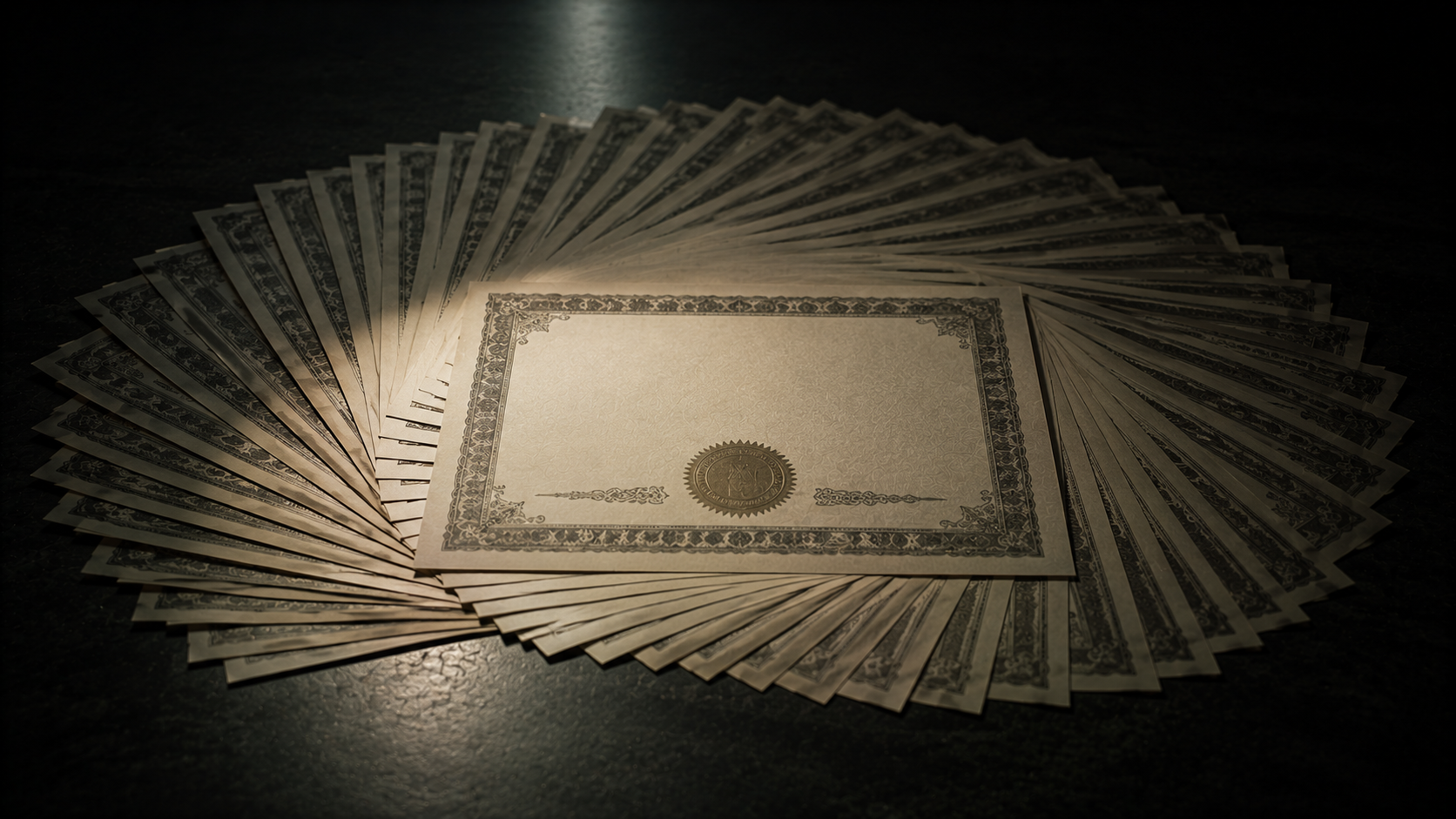 A share certificate on a dark desk multiplying outward into many identical copies.