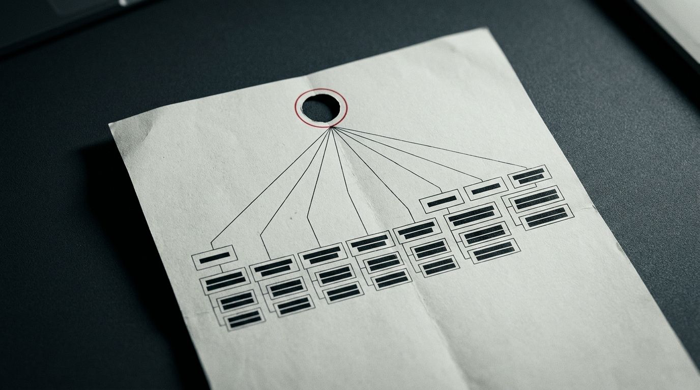 A printed corporate ownership chart on a dark desk, every lower box filled in, and the box at the top of the chart cut out of the paper inside a red circle.