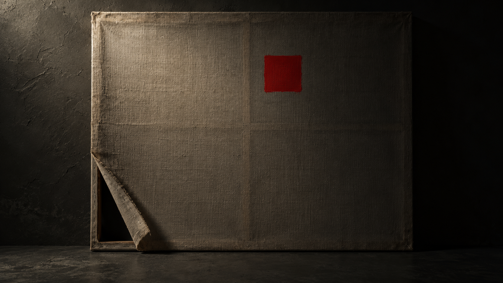 A raw linen canvas leaning on a dark wall, its lower-left corner curled forward, one small red square in the upper right
