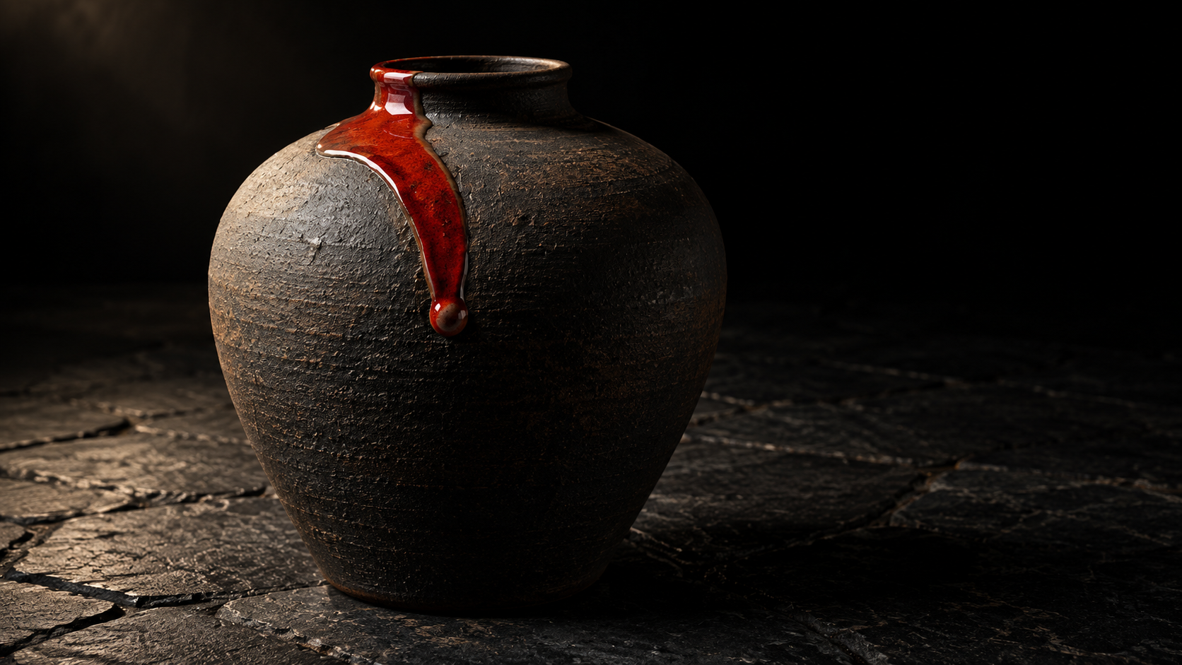 A dark unglazed stoneware jar standing alone on cracked flagstones, one red glaze run down its shoulder