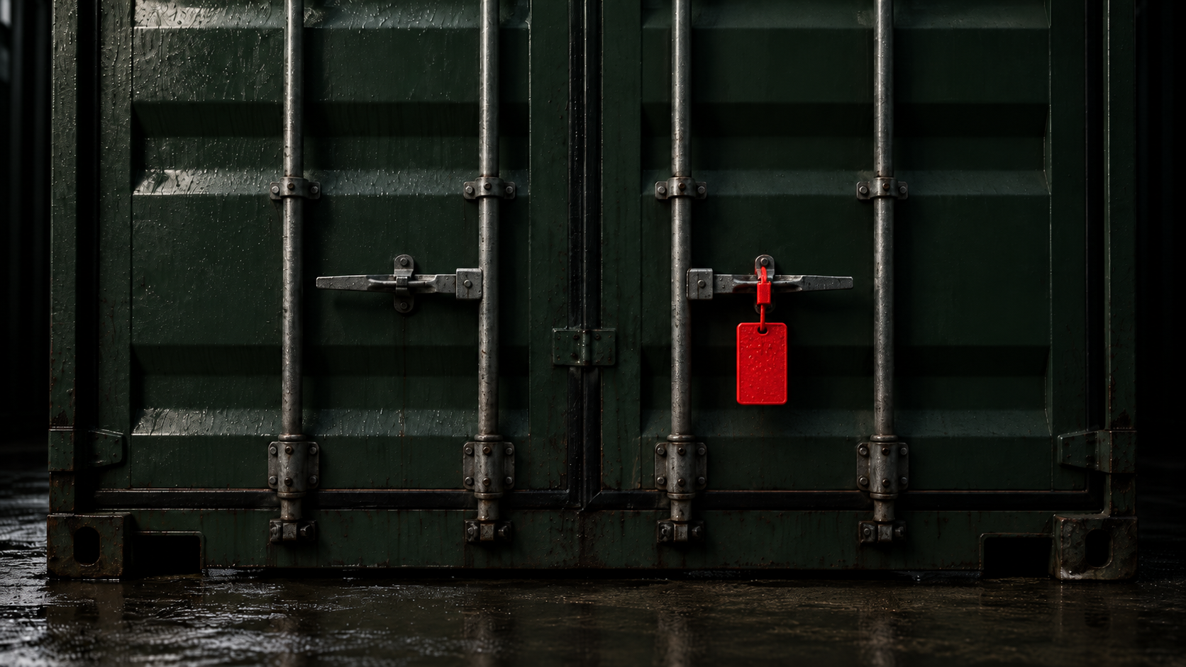 The closed doors of a dark green shipping container in low light, a single red bolt seal hanging from one handle.